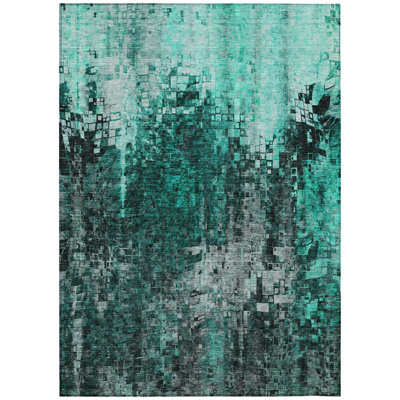 9' X 12' Teal Blue Aqua And Gray Abstract Washable Indoor Outdoor Area Rug
