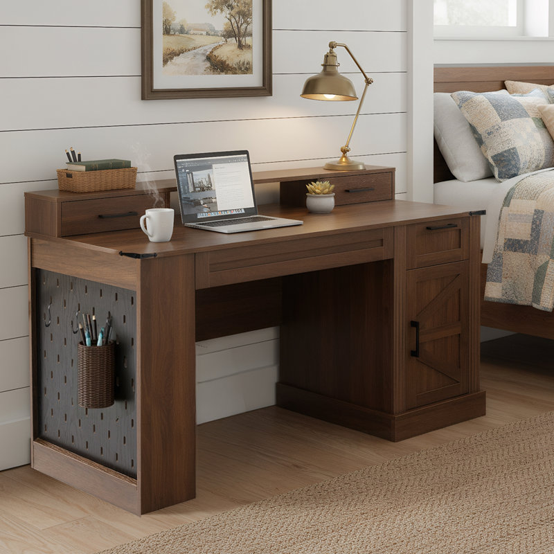 Écriture Panissidi avec armoire de rangement et station de charge, Noyer foncé