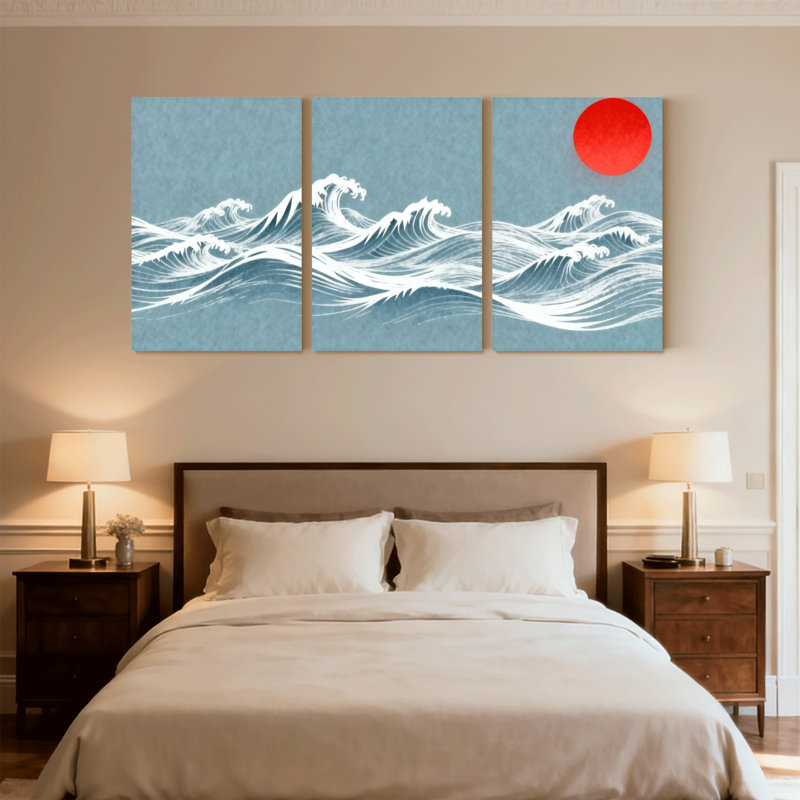 Ensemble de 3 impressions sur toile Nautical & Beach Ocean Waves Under Red Sun, H 36 po x l 72 po