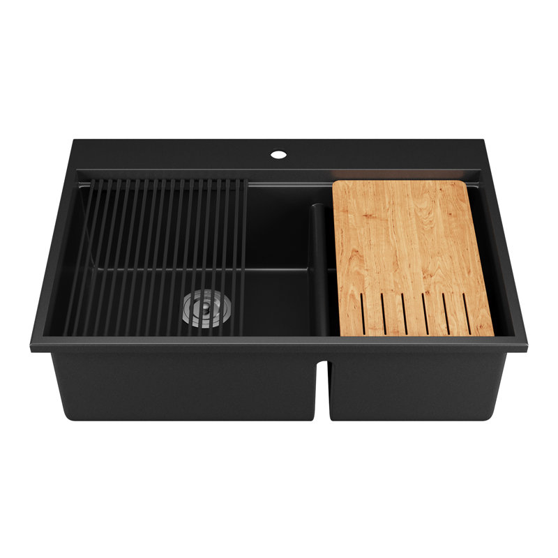 DeerValley 33" x 22" Black Undermount Drop in Quartz Double Bowl Kitchen Sink with Accessories