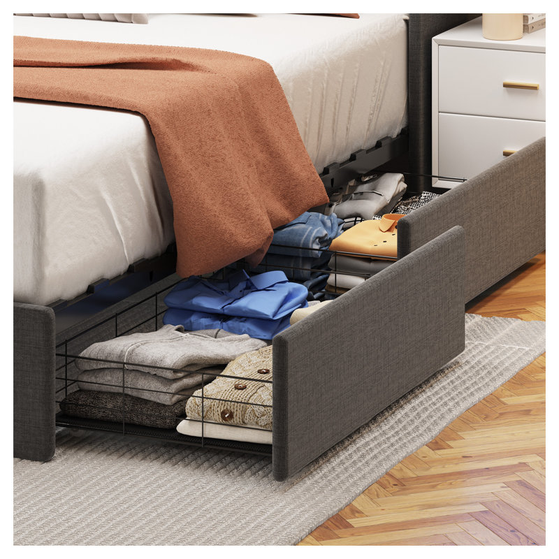 Structure de lit grand format avec tête de lit à DEL RVB, 4 tiroirs de rangement sous le lit et tablettes de chargement - Lit plateforme en lin gris foncé
