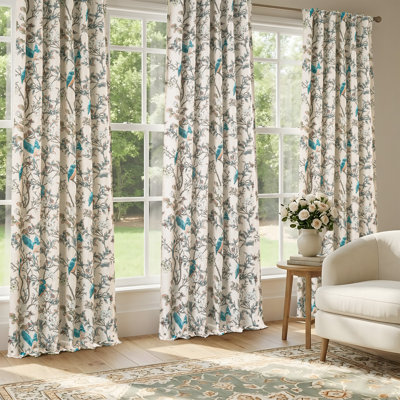 100% Blackout Vintage Floral Linen Curtains Double Layer Farmhouse Bird Flower Printed Pattern Thermal Insulated Drapes for Bedroom Living Room Back Tab 2 Panels 