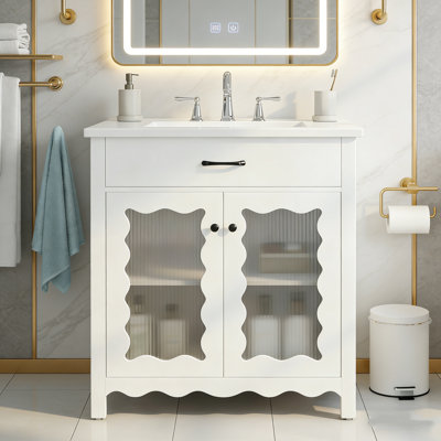 Meuble-lavabo blanc de style chalet avec garniture ondulée et portes en verre givré - Meuble-lavabo simple 36 po avec tiroir