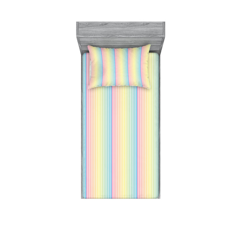 Ambesonne Pinstripe Fitted Sheet & Pillow Sham  Set,  Multicolor, Twin Sheet Set with 2 Pillowcases