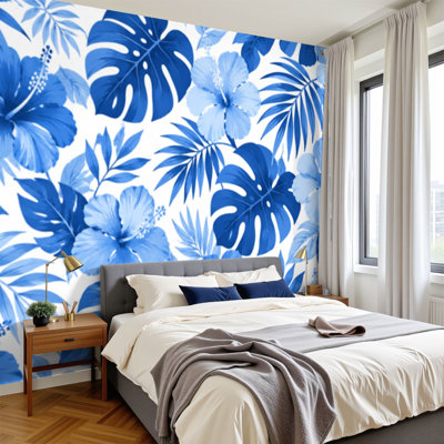 Papier peint adhésif auto-adhésif moderne pour la chambre à coucher avec plantes tropicales et fleurs d'hibiscus L 69 po x l 96 po Peel and Stick