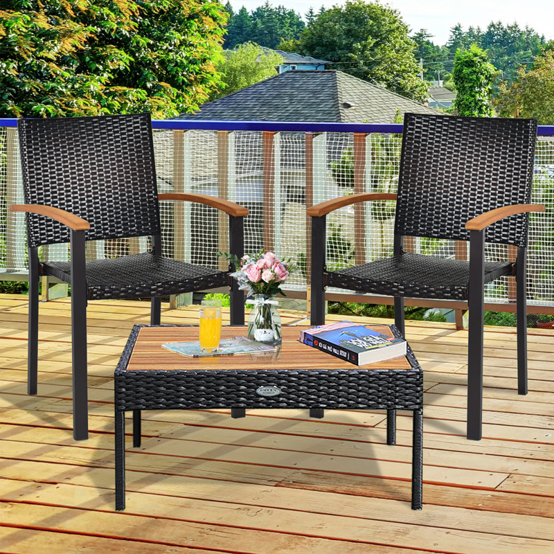 Rustic Wicker Dining Armchair with Cushions and Acacia Wood Armrests