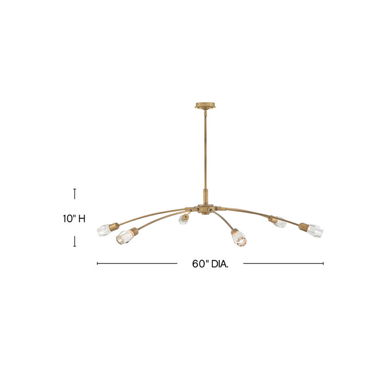 Atera 6 - Light Steel Dimmable Sputnik Modern Linear Chandelier, 10" H x 60" W x 60" D, Heritage Brass