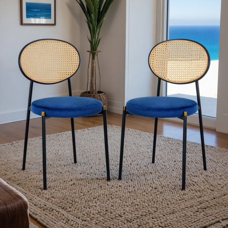 Modern Velvet Dining Side Chair with Rattan Back and Black Metal Legs for Kitchen or Dining Room, Navy Blue
