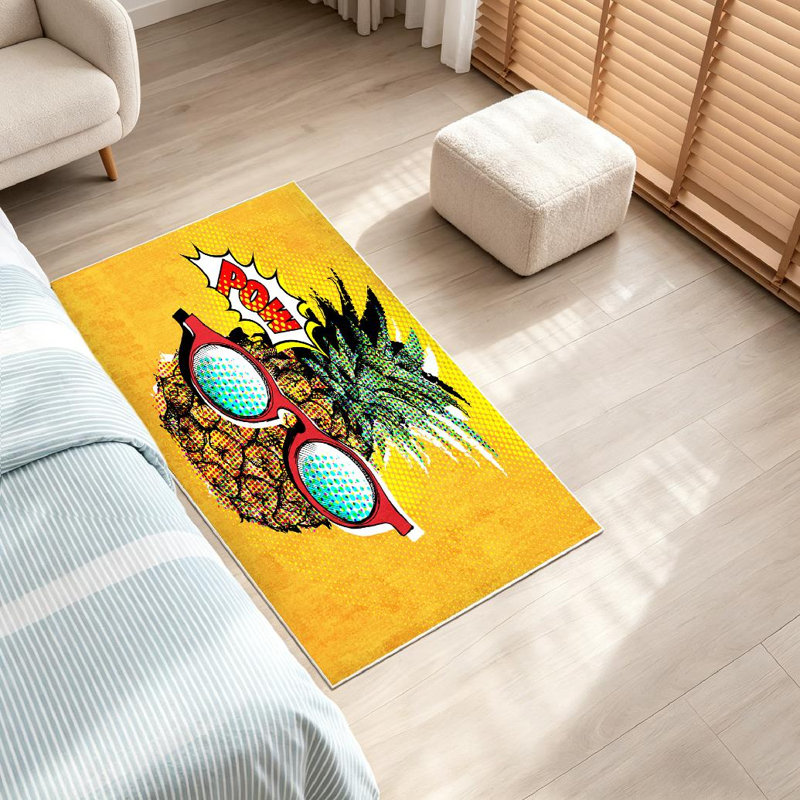 Green Pop Art Comic Pineapple Glasses Food Summer Machine Washable Indoor Area Rug, Rectangle 32" x 47"