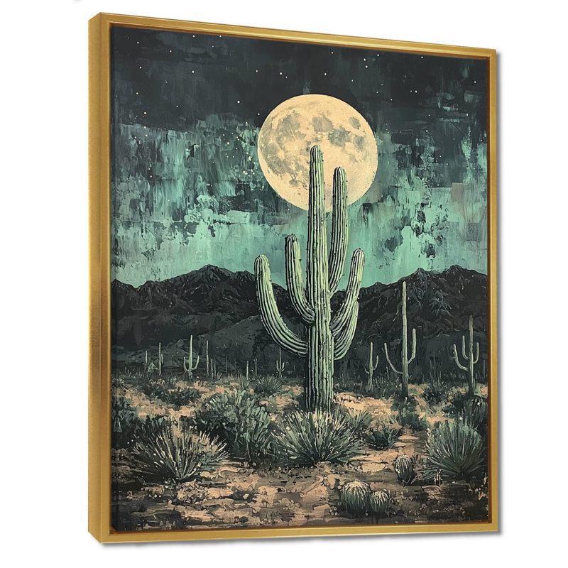 Cactus Marsicano au clair de lune II - décoration murale cactus, H 32 po x l 16 po, Reproduction avec cadre flottant, Doré
