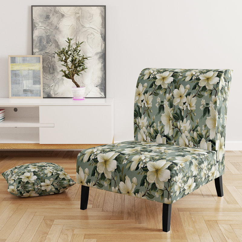 Fauteuil de chambre blanc tapissier à motif de formes botaniques I