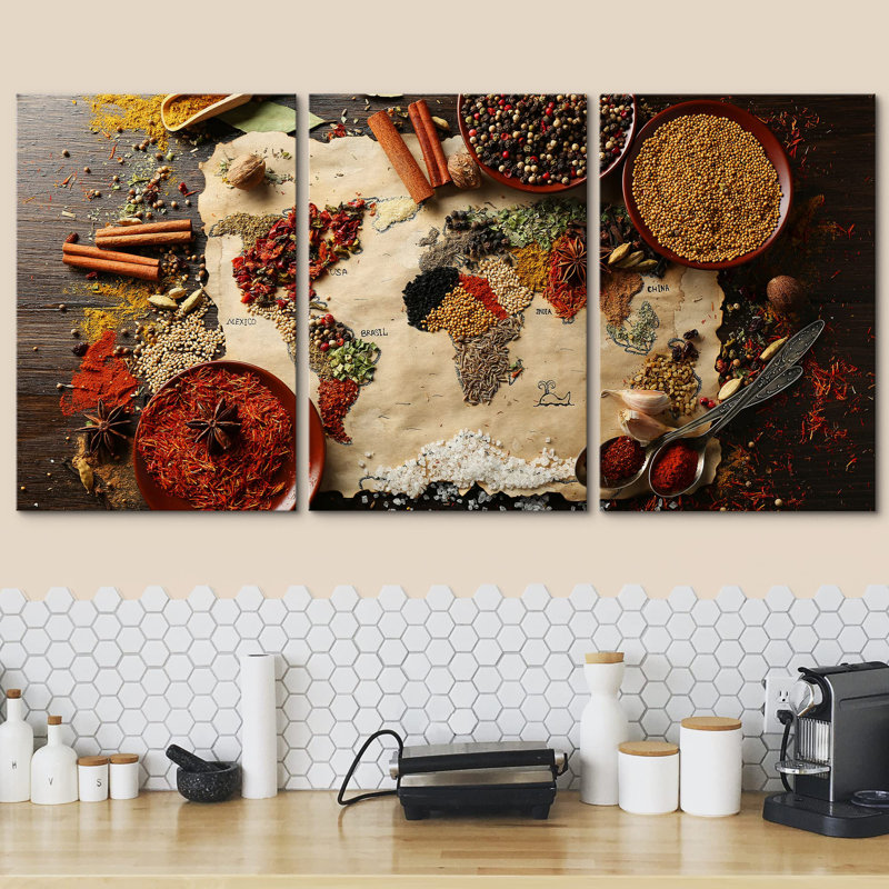 Carte du monde faite d'une variété d'épices, Toile tendue, H 24 po x l 48 po