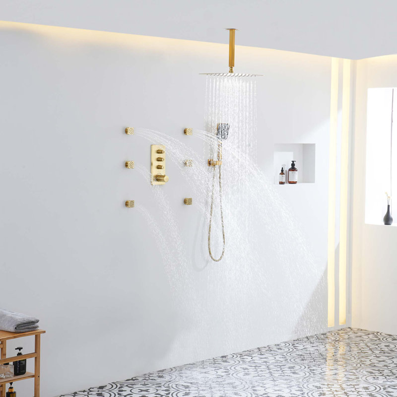 Système de douche thermostatique à 3 fonctions 12 po avec pomme de douche carrée, Or brossé