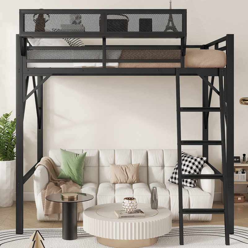 Lit mezzanine double avec échelle, lit mezzanine double en métal avec tablettes de rangement, lit mezzanine pour enfants