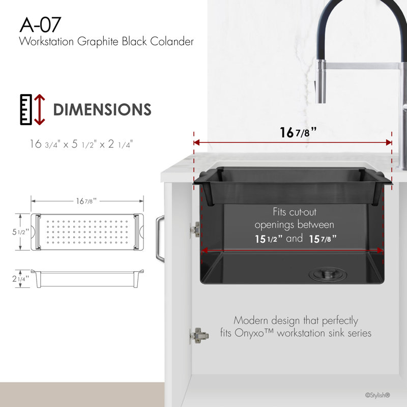 Stylish 16 ⅞" Graphite Black Stainless Steel Workstation Colander A-07