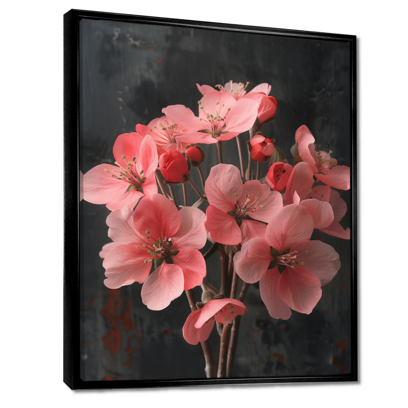 Rose et rose vibrant Bouquet de fleurs de pommier II, Cadre flottant noir, H 12 po x l 20 po