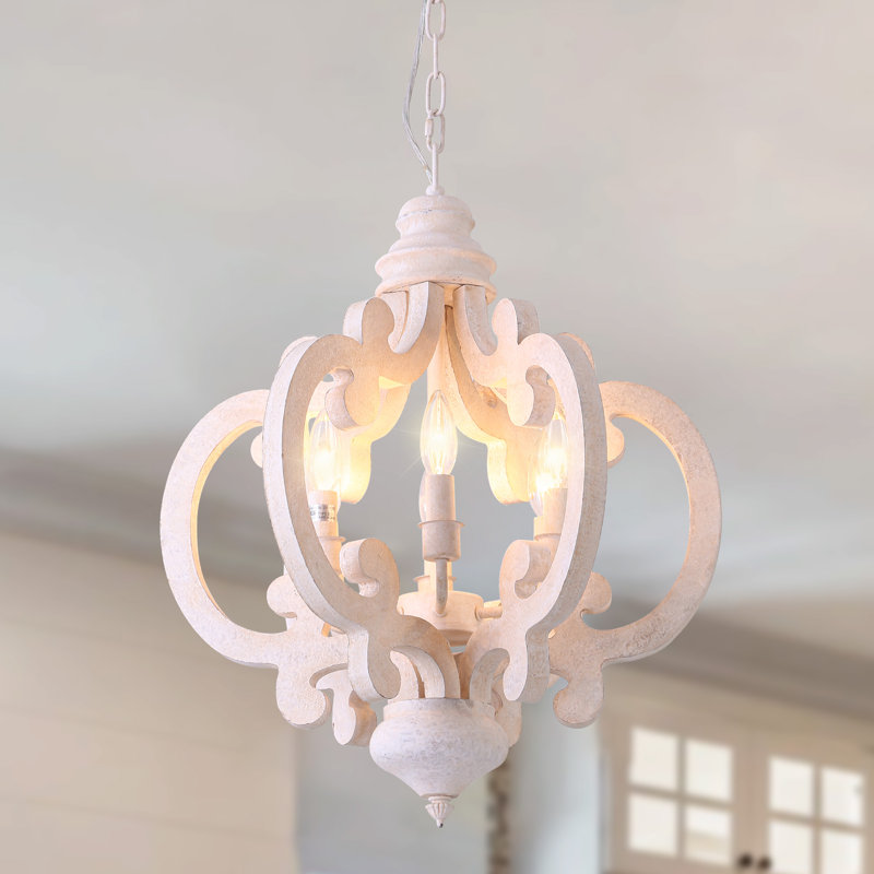 Farmhouse 6-Light Wood Chandelier Chic Crown Design Pendant Light For Living Room, Cream White