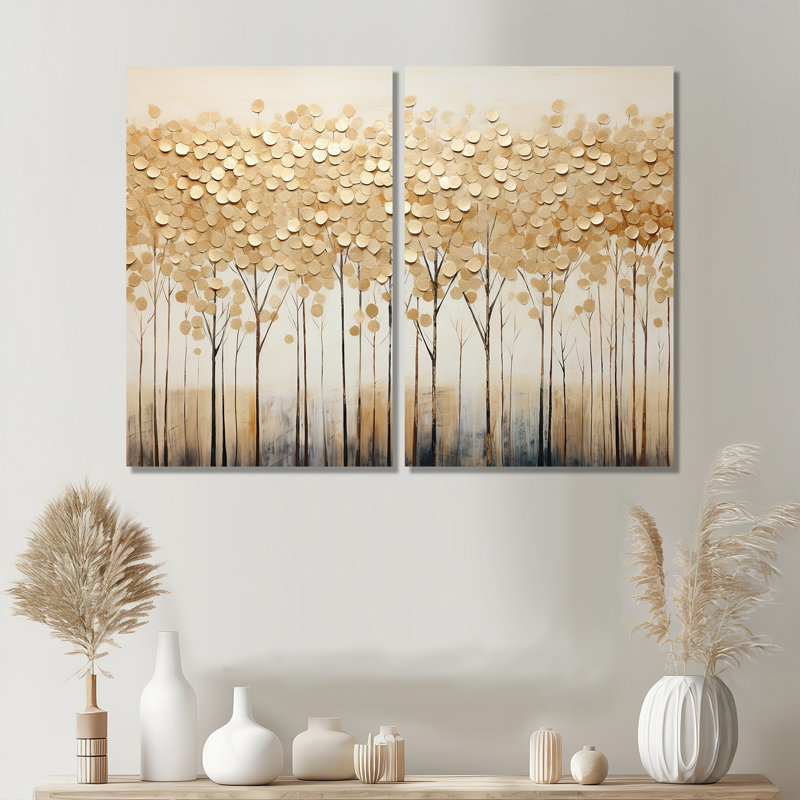 Minimalisme Golden Trees Harmony - Décoration murale grand arbres, Toile tendue, Ne s’applique pas, H 36 po x l 48 po