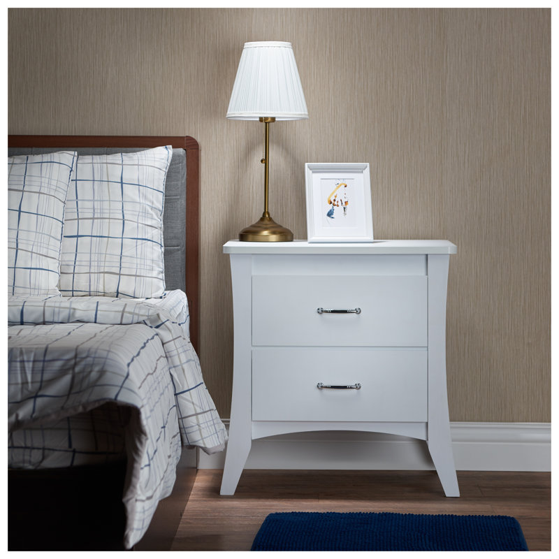 Table de chevet blanche à 2 tiroirs avec butées de sécurité - Table d'appoint de rangement en bois pour chambre à coucher