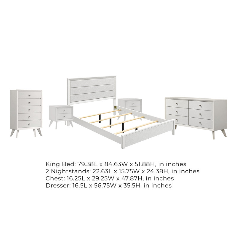 Ensemble de chambre avec très grand lit 5 pièces, blanc, 2 tables de chevet, commode et commode