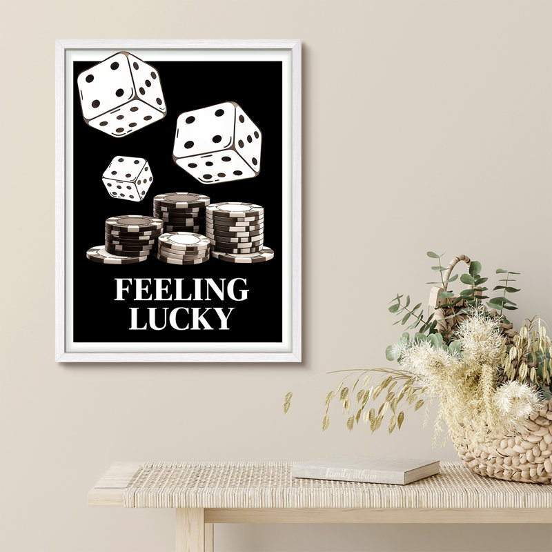 Minimal Dice and Chips Lucky Quote Framed Wall Art Prints - Dice and chips with “Feeling Lucky”, for office or game room