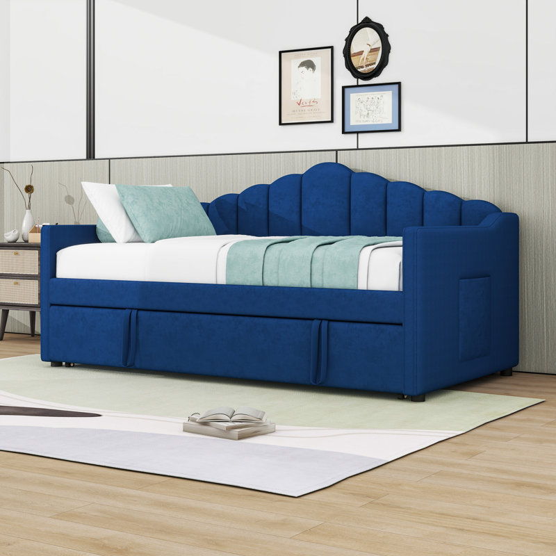 Twin Upholstered Daybed with Trundle, USB and 2 Side Pockets