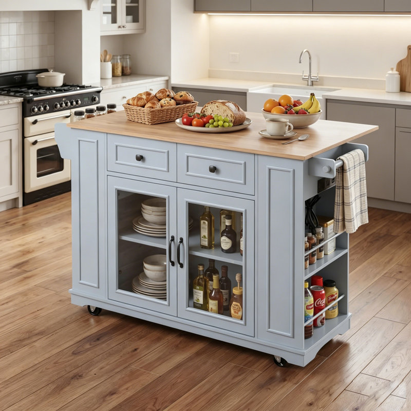 54" Wide Rolling Kitchen Island With Solid Wood Top, Power Outlets And Glass Cabinet Doors, Blue