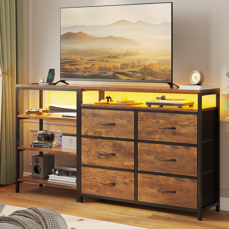 Led Tv Stand With Charging Station,convertible Dresser With Open Shelf & Pu Finish Drawers, Corner L Shaped Tv Stand Dresser For Living Room,bedroom