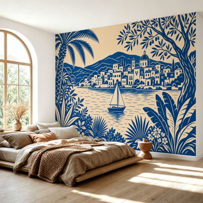 Papier peint adhésif auto-adhésif moderne pour chambre à coucher avec cadre floral Peel and Stick L 69 po x l 96 po - bleu
