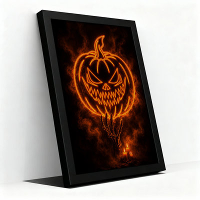 Glowing Neon Pumpkin Held by Skeletal Hand Halloween Canvas Wall Art
