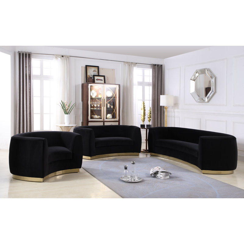 Fauteuil demi-tonneau en velours Breccan, Velours noir, Or