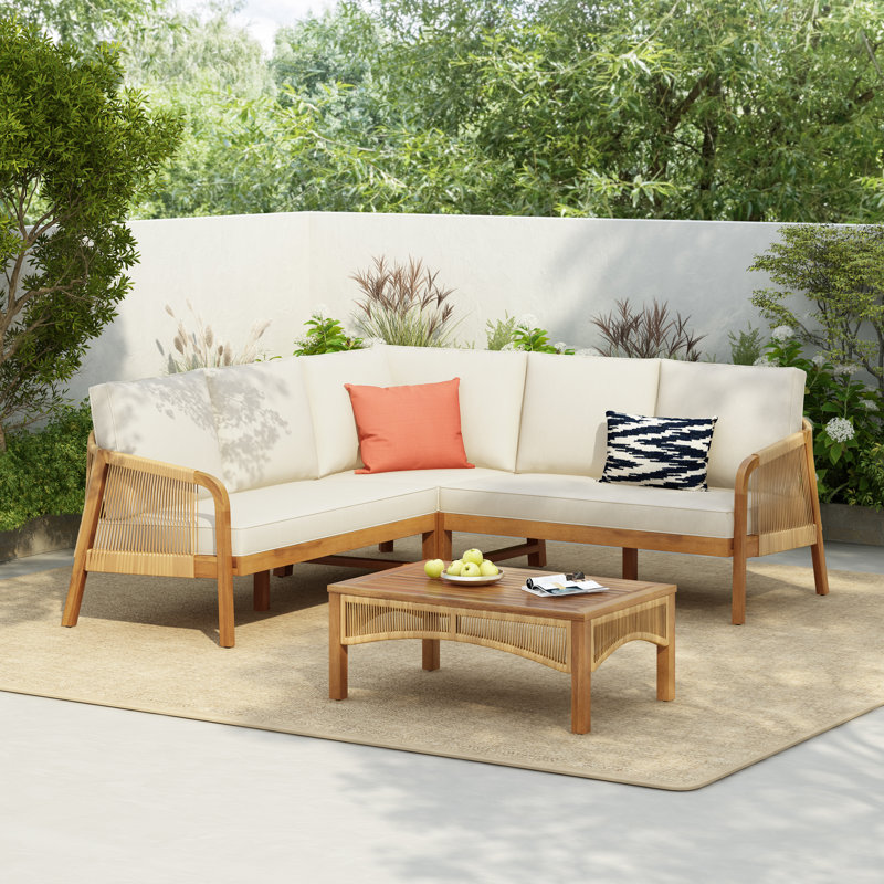 Ernesto 4-Piece Coastal Boho Acacia Wood Outdoor Conversation Set With Cushions