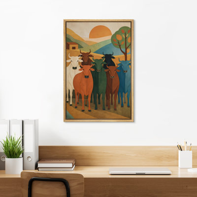 Colorful Farm Cattle Group in Modern Folk Style Landscape Wall Art Decor Framed On Canvas Print