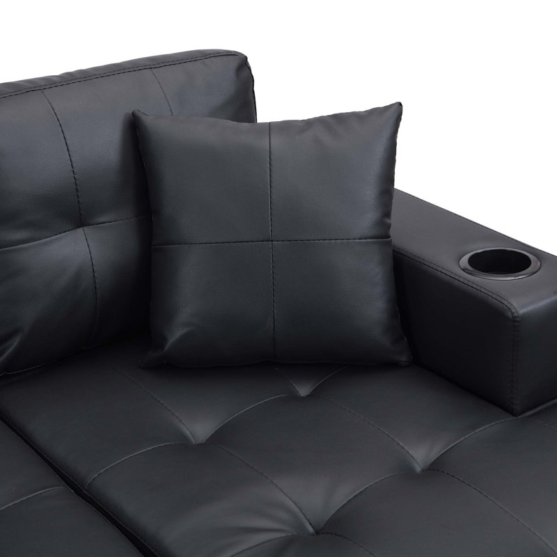Poco Sectional Sofa, L Shape Upholstered Sofa with Throw Pillows and Cup Holder, Black Faux Leather