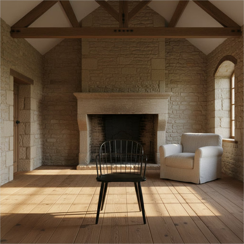 Chaise d'appoint de salle à manger en acier noir mat avec siège en bois brossé, style loft industriel pour la cuisine ou le coin-repas