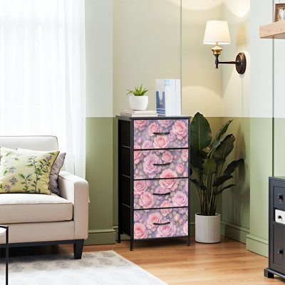 Commode 4 tiroirs pour chambre à coucher, commode étroite, plateau en bois et structure de bureau en fer 18 po x 37,5 po - (l x H) - avec imprimé floral romantique de roses lavande roses sans soudure