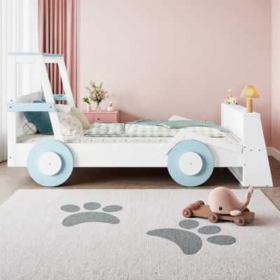 AVELOR Whimsical Twin Race Car Bed with Built-in Storage Shelves | Kids Platform Bed for Imaginative Play & Organization