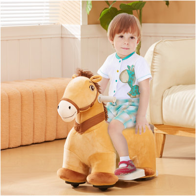 QAB 6V Ride On Horse, tour électrique à piles sur poney avec musique, roues en polyuréthane, doux au toucher, pour les filles de 18 à 36 mois, brun