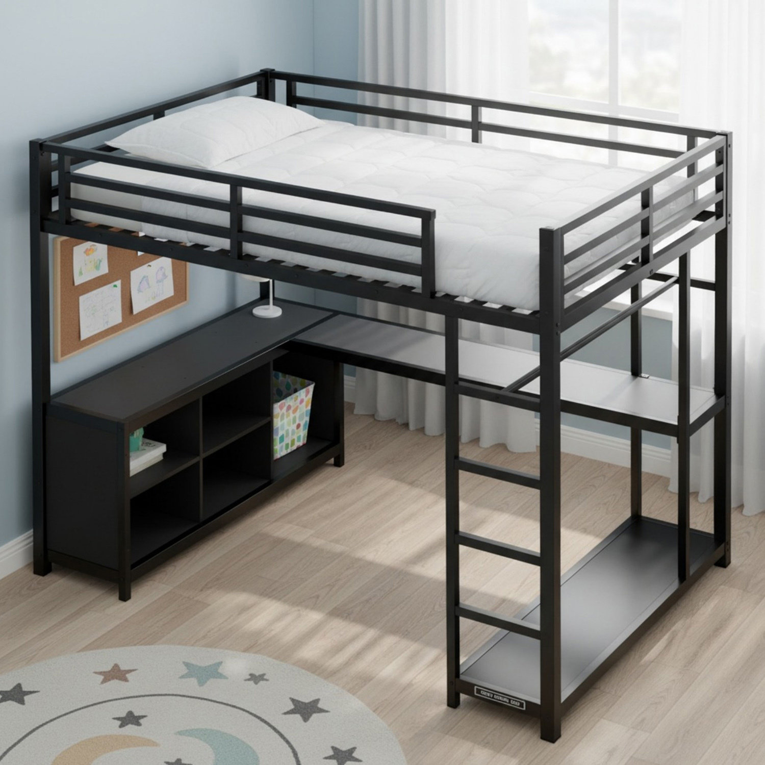 Harriet Bee Metal Loft Bed with Wardrobe and L-shaped Desk, Full Size ...