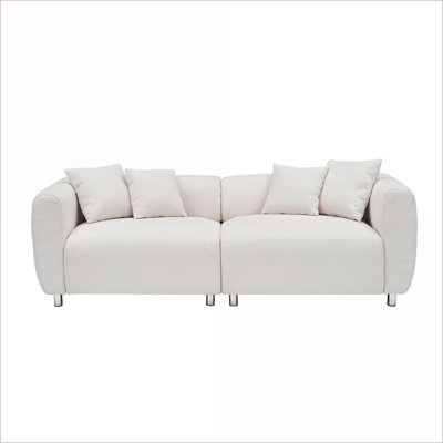Sofas 89 Inch 3-Seater Snow White Solid Wood Sofa with 4 Pillows, Teddy Cotton Linen Fabric, Brushed Silver Metal Legs for Living Room Apartment Office | Cotton Linen | Metal Legs