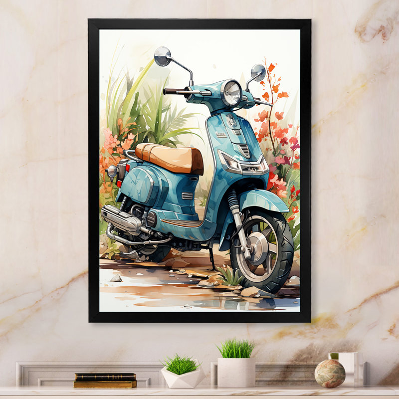 Décoration murale bleue Scooter côtier I - Scooter, Cadre photo noir, H 32 po x l 24 po x P 1 po