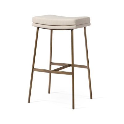 Maven Lane Berkley Bar Stool In Antiqued Brass With Light Beige Fabric
