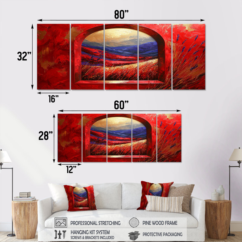 «Red Summer Meadow», ensemble d'art mural prairie, H 32 po x l 80 po