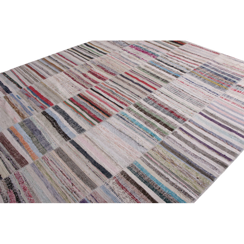 Tapis gris en laine noué à la main de conception unique 8 pi 11 po x 12 pi