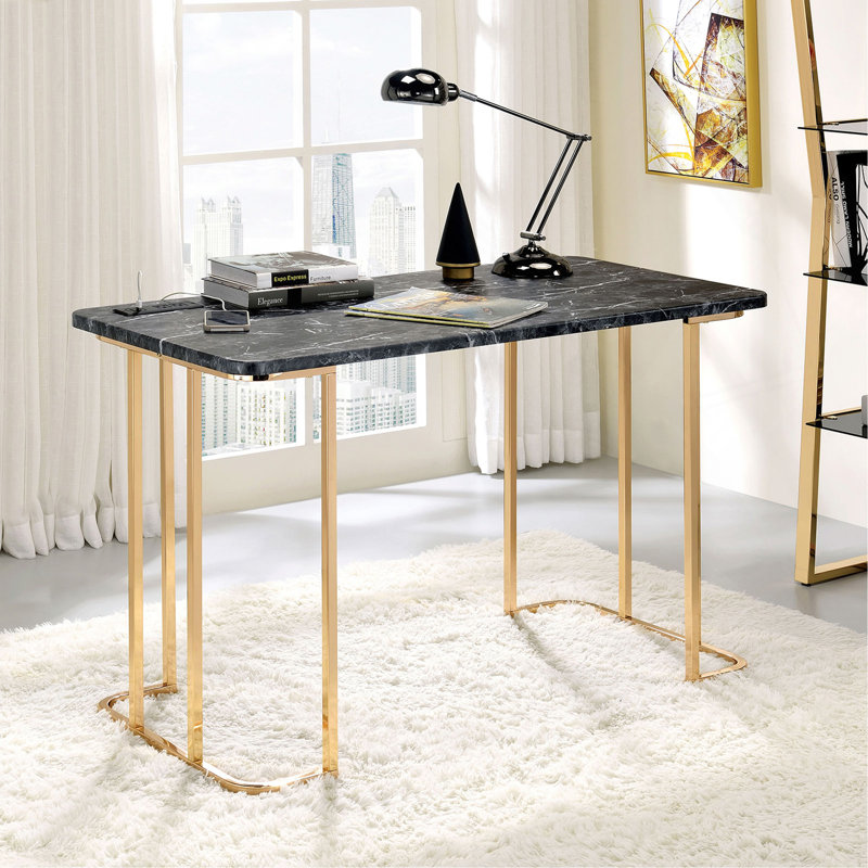 Bureau contemporain avec faux USB en marbre et prise de courant, or / noir