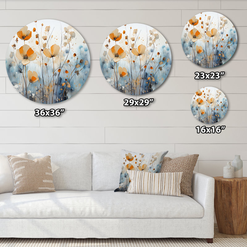 Art botanique orange et bleu discret II - Art abstrait rond en métal, H 36 po x l 36 po x P 1 po