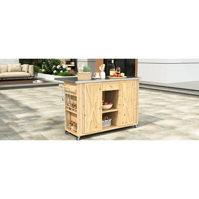 Versatile Outdoor Kitchen Desk - Fir Wood Construction, Stainless Steel Top, Storage Spaces, Towel  Spice , Built-In Bottle Opener, Movable Unit With