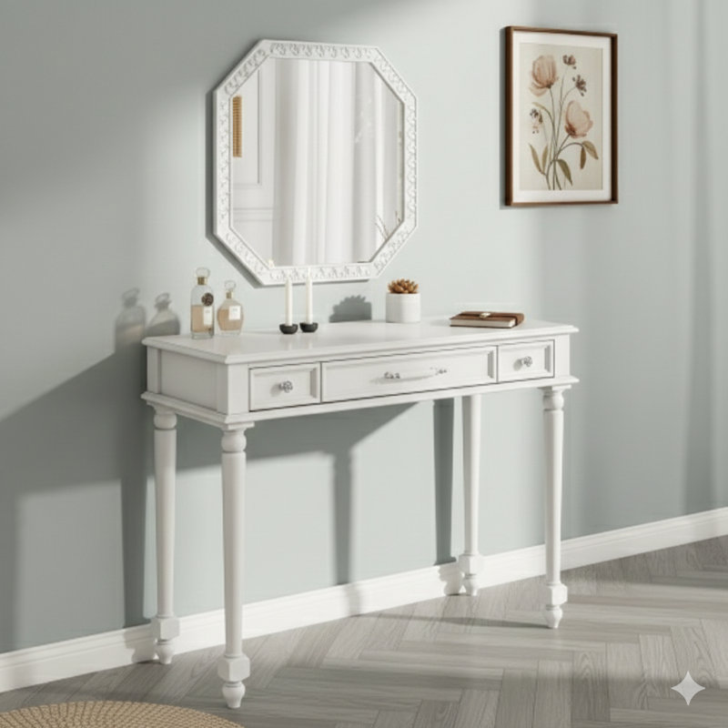 Retro-Style Makeup Desk With A Large Mirror. A 3-Drawer Dressing Table For Jewelry Storage, Also Functions As An Elegant Console Table For Bedrooms, Living Rooms, Hallways, And Foyers, In White.