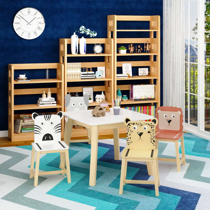 Ensemble de table et de chaises pour enfants 5 pièces, table en bois pour enfants avec 4 chaises, animaux de dessin animé (plus grande table) (3-8 ans)