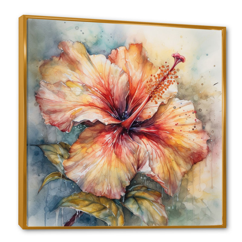 Hibiscus Euphoria II gris orange de Rrahim - art mural hibiscus, H 24 po x l 24 po, Cadre flottant doré